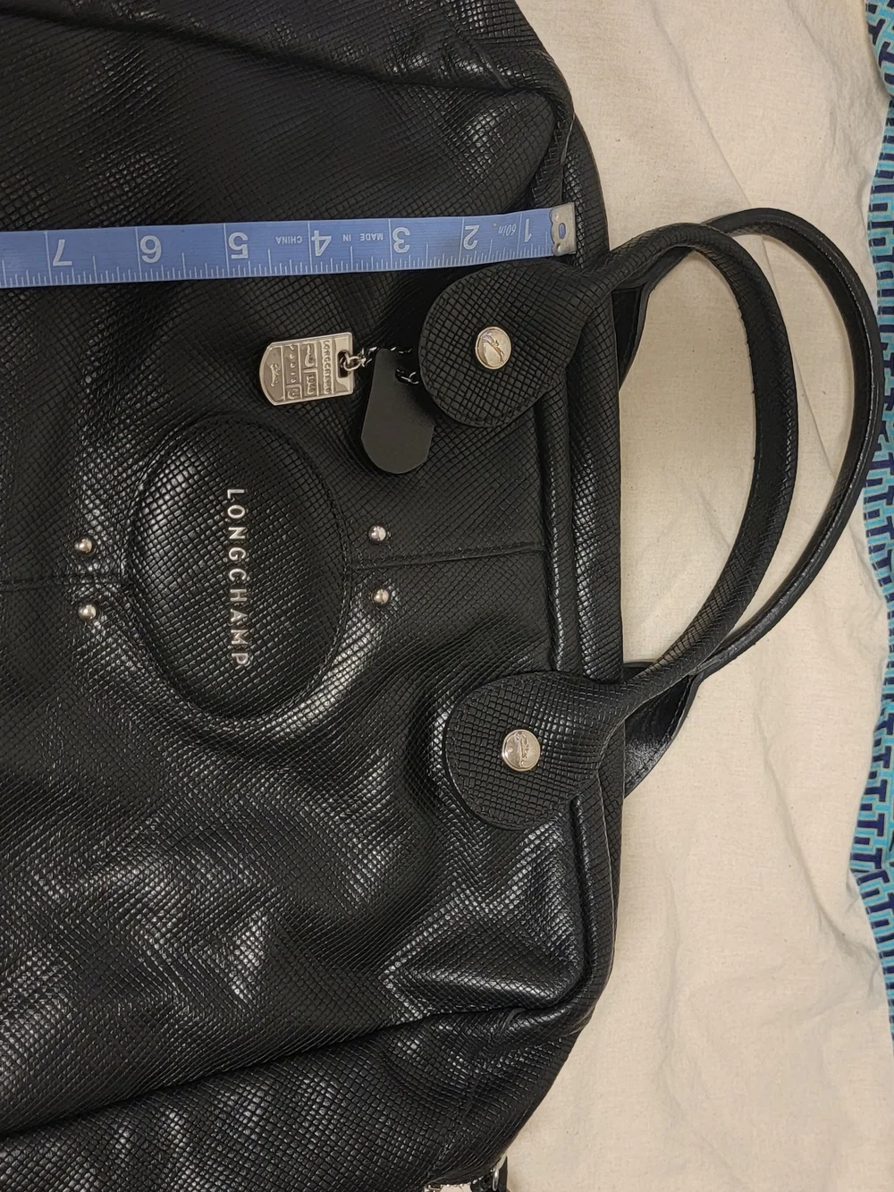 Longchamp Black Textured Satchel with Logo Charm